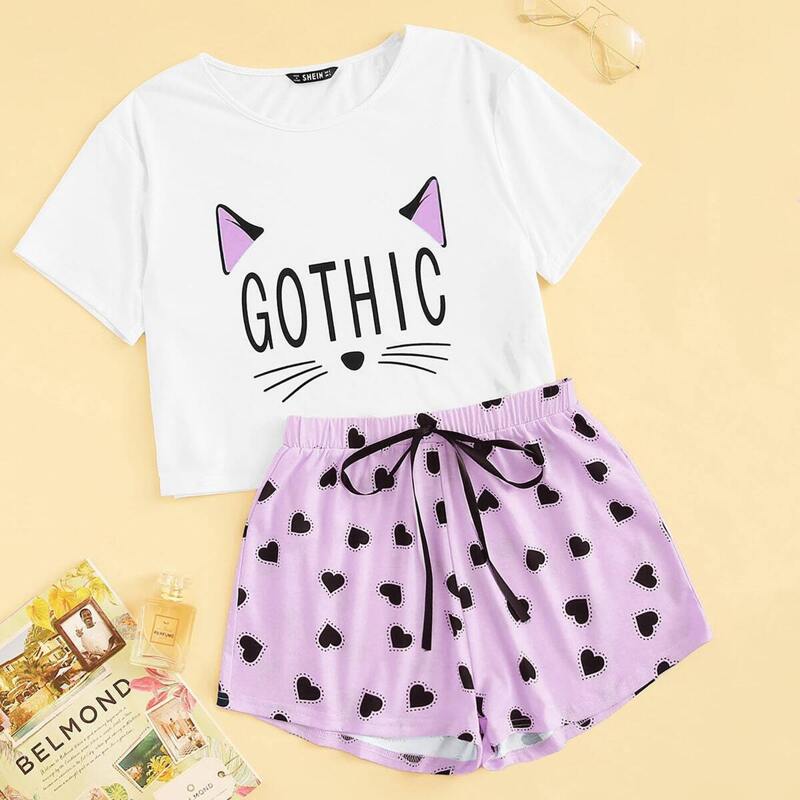 

Mixed Print Top & Drawstring Waist Shorts PJ Set, Multicolor
