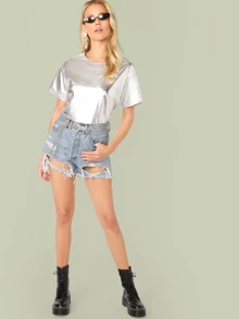 SHEIN Short Sleeve Metallic Top - Silver - View 5