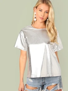 SHEIN Short Sleeve Metallic Top - Silver - View 1