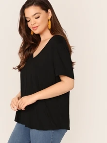 SHEIN Plus V-neck Solid Swing Top - Black - View 3