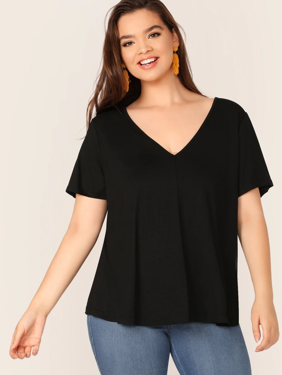 SHEIN Plus V-neck Solid Swing Top - Black - View 1