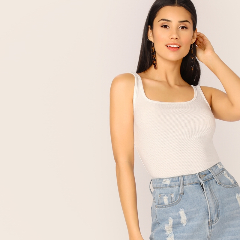 

Scoop Neck Solid Skinny Tank Top, White