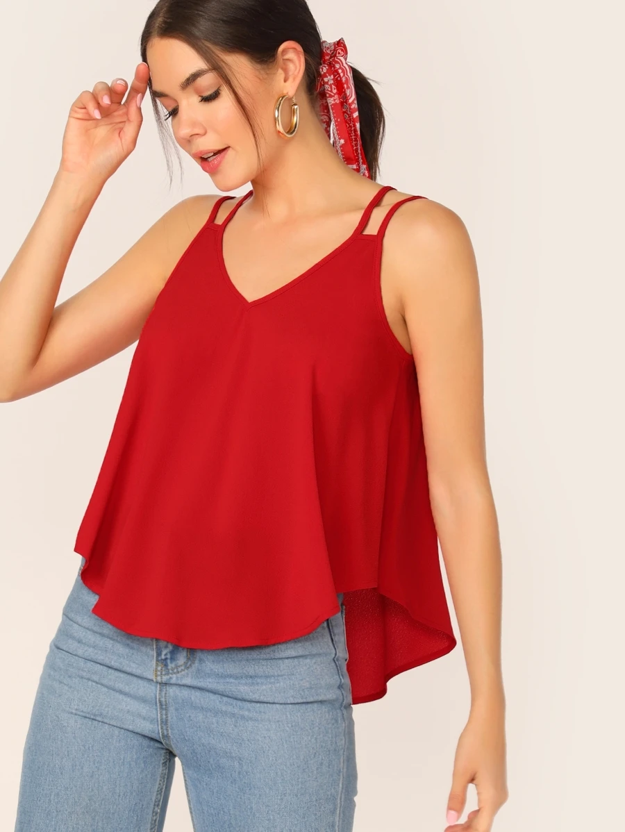 SHEIN Essnce Double Strappy Dip Hem Swing Top - Red - View 1