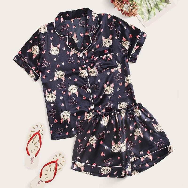 

Cat & Letter Graphic Satin PJ Set, Multicolor