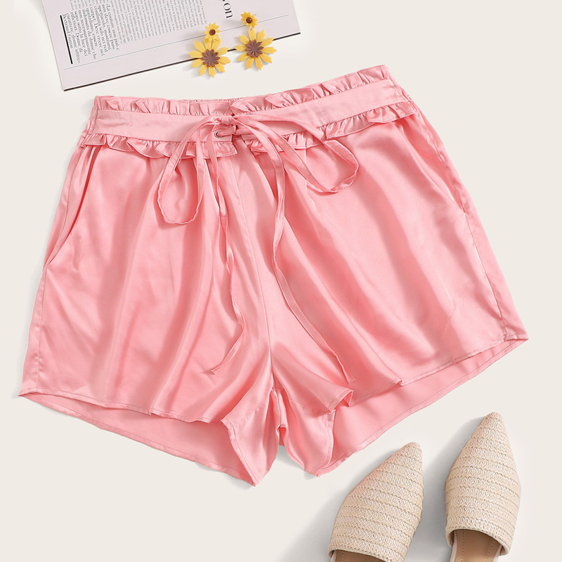 

Solid Tie Front Satin Paperbag Shorts, Pink