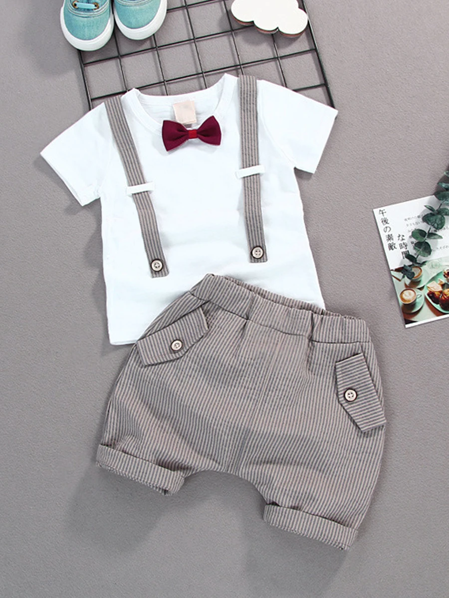 Toddler Boys Bow Front Tee & Stripe Shorts - Multicolor - View 1