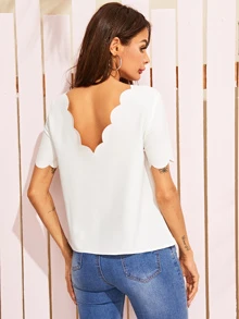 SHEIN Scallop Trim Button Front Solid Blouse - White - View 2