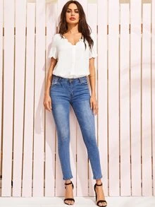 SHEIN Scallop Trim Button Front Solid Blouse - White - View 3