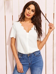 SHEIN Scallop Trim Button Front Solid Blouse - White - View 1