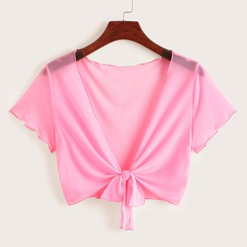 

Solid Knot Plunging Neck Mesh Blouse, Pink