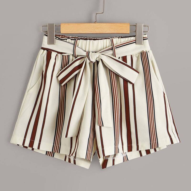 

Vertical Stripe Print Belted Shorts, Multicolor