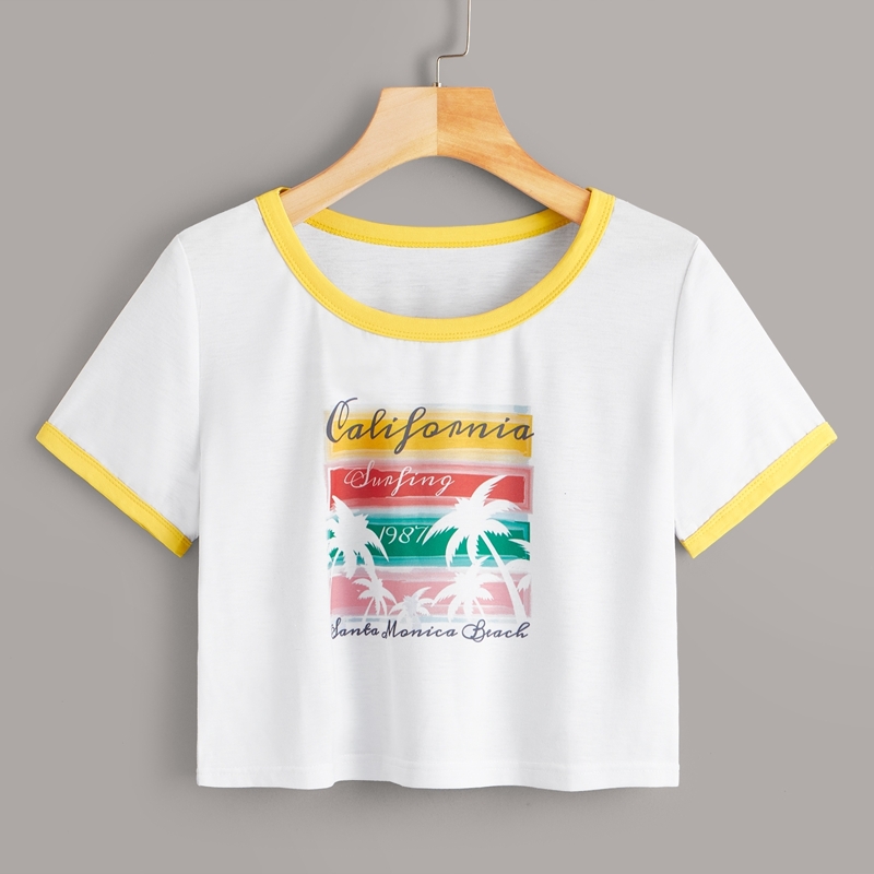 

Tropical & Letter Print Piping Trim Tee, White