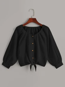 SHEIN LUNE Áo sơ mi Knot màu trơn màu đen Casual - màu đen - Xem 1