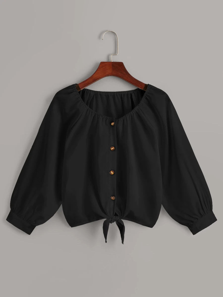 SHEIN LUNE Áo sơ mi Knot màu trơn màu đen Casual - màu đen - Xem 1