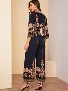 SHEIN Surplice Wrap Random Floral Belted Wide Leg Jumpsuit - Navy Blue - View 3