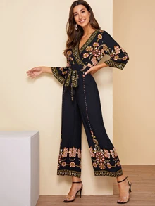 SHEIN Surplice Wrap Random Floral Belted Wide Leg Jumpsuit - Navy Blue - View 4