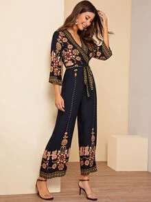 SHEIN Surplice Wrap Random Floral Belted Wide Leg Jumpsuit - Navy Blue - View 1
