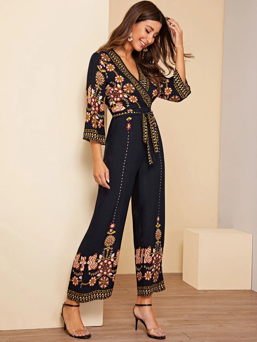 SHEIN Surplice Wrap Random Floral Belted Wide Leg Jumpsuit - Navy Blue - View 1