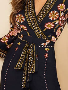 SHEIN Surplice Wrap Random Floral Belted Wide Leg Jumpsuit - Navy Blue - View 5