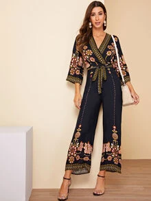 SHEIN Surplice Wrap Random Floral Belted Wide Leg Jumpsuit - Navy Blue - View 2