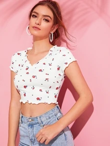 SHEIN v領生菜邊小碎花花卉短版上衣 - 白色 - 查看 1