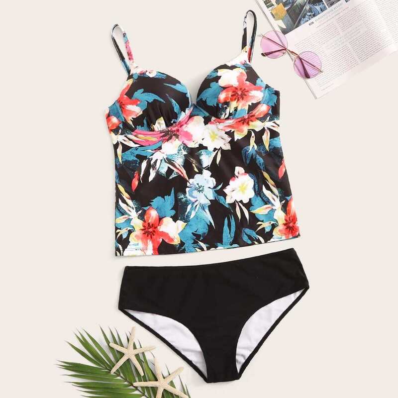 

Floral Spaghetti Strap Tankini Set, Multicolor