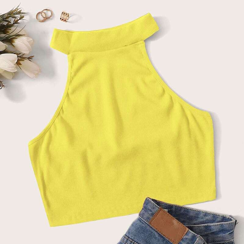 

Solid Rib-knit Halter Top, Yellow bright