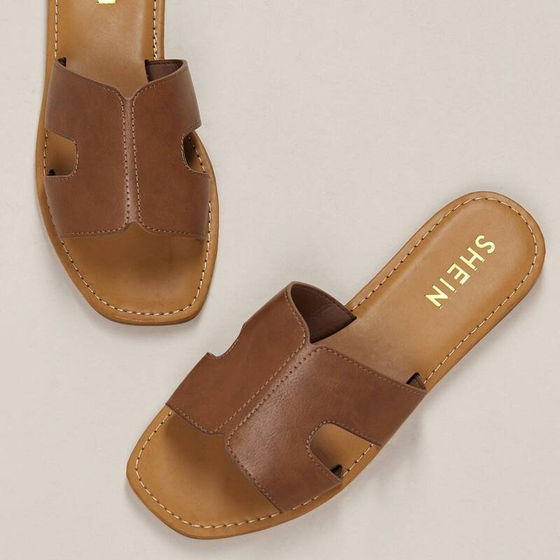 

Wide Band Dual Cut Out Slide Sandals, Brown