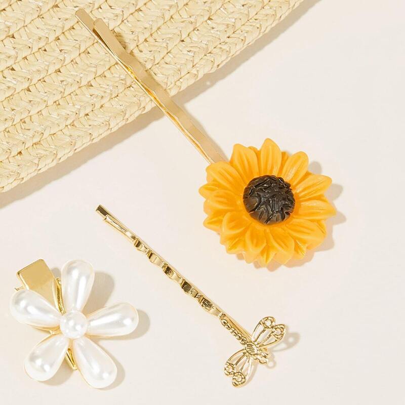 

Sunflower & Faux Pearl & Bow Decor Hairpin 3pcs, Multicolor