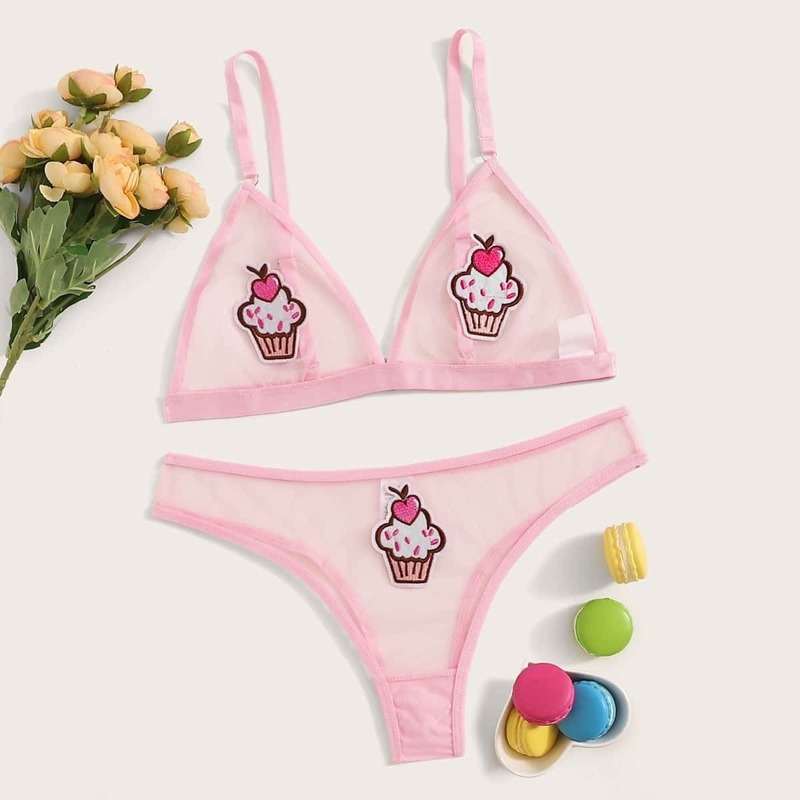 

Ice Cream Embroidered Sheer Lingerie Set, Pink