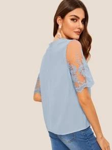 SHEIN 纯色刺繡網紗袖後拉錬女士襯衫 - 淺藍色 - 查看 2