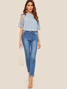 SHEIN 纯色刺繡網紗袖後拉錬女士襯衫 - 淺藍色 - 查看 3
