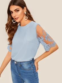 SHEIN 纯色刺繡網紗袖後拉錬女士襯衫 - 淺藍色 - 查看 5