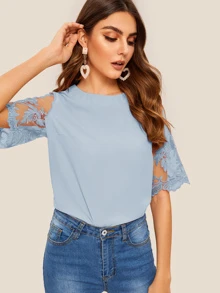 SHEIN 纯色刺繡網紗袖後拉錬女士襯衫 - 淺藍色 - 查看 4