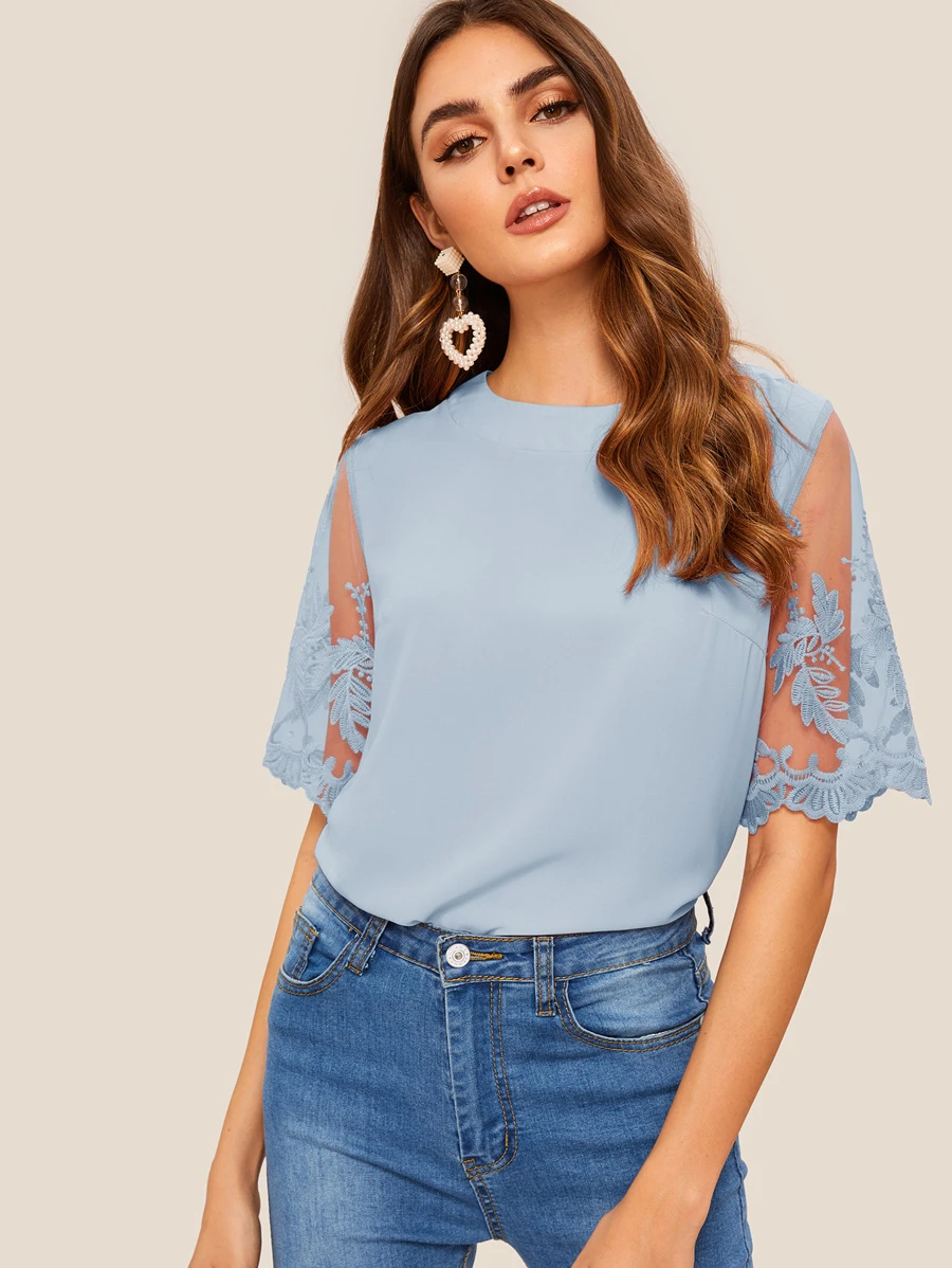 SHEIN 纯色刺繡網紗袖後拉錬女士襯衫 - 淺藍色 - 查看 1