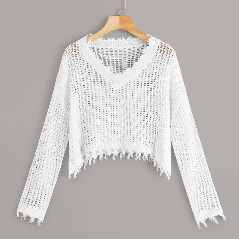 

Drop Shoulder Frayed Edge Open Stitch Sweater, White
