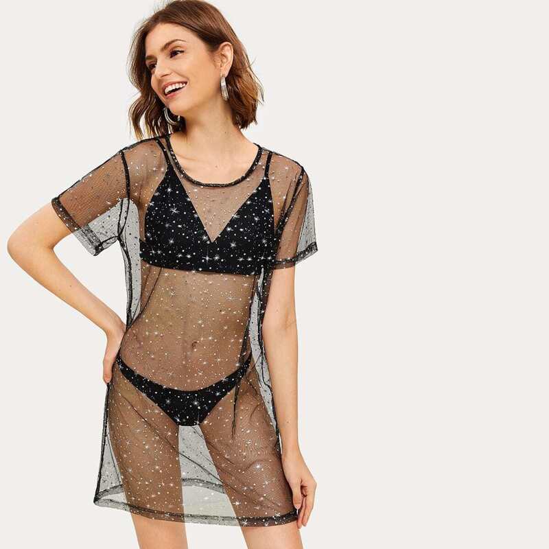 

Galaxy Print Sheer Mesh Dress, Black