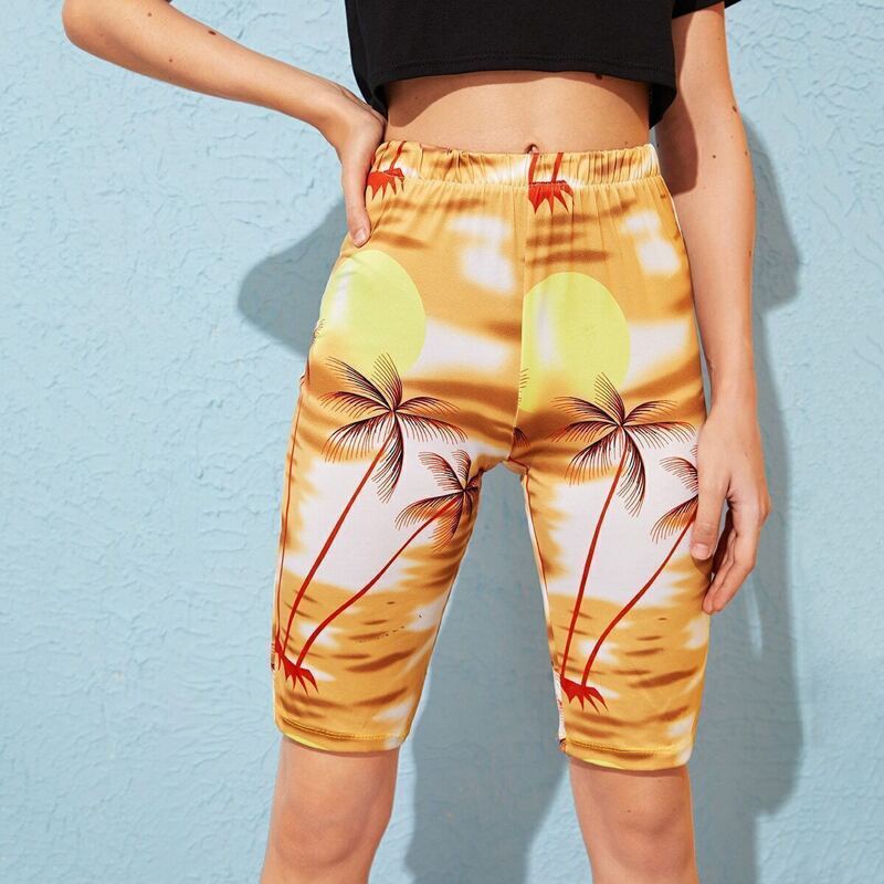

Coconut Tree Print Cycling Shorts, Multicolor