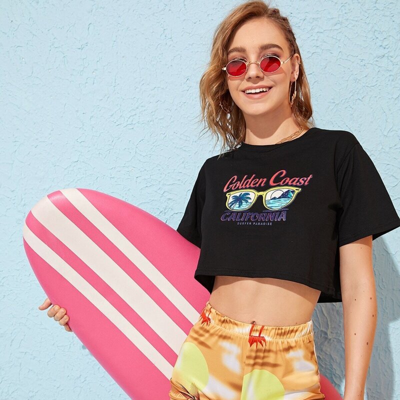 

Letter & Coconut Tree Print Crop Tee, Black