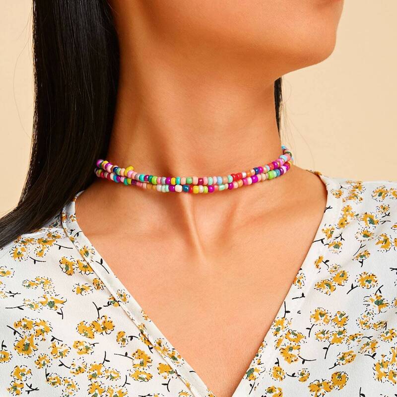 

Colorblock Beaded Necklace 2pcs, Silver multicolor