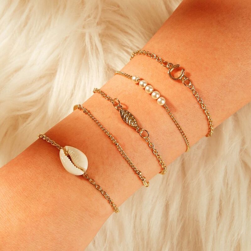

Leaf & Shell Charm Chain Bracelet Set 5pcs, Gold