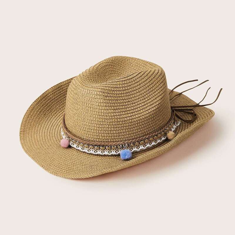 

Pom Pom Decor Bow Knot Floppy Hat, Brown