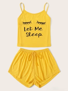 Eyelash & Letter Print Cami Pyjama Set - Mustard Yellow - View 3