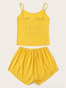 Eyelash & Letter Print Cami Pyjama Set - Mustard Yellow - View 2