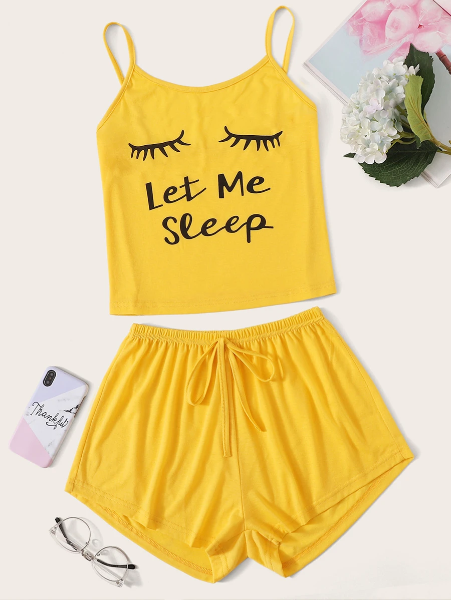 Eyelash & Letter Print Cami Pyjama Set - Mustard Yellow - View 1