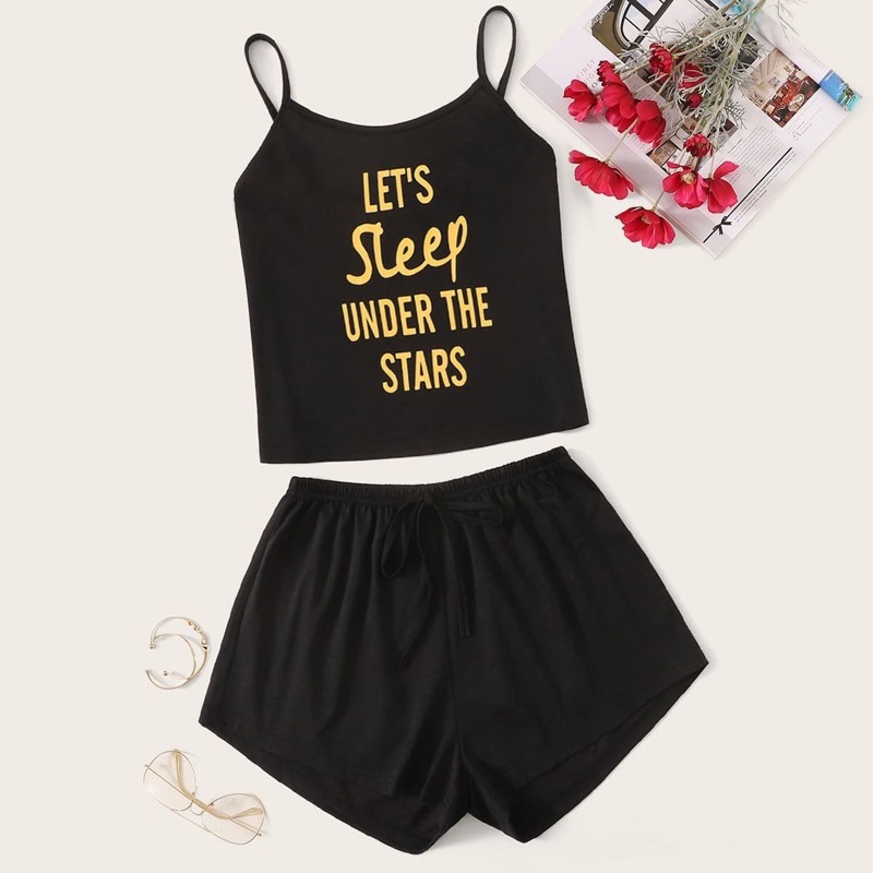 

Slogan Print Cami Pajama Set, Black