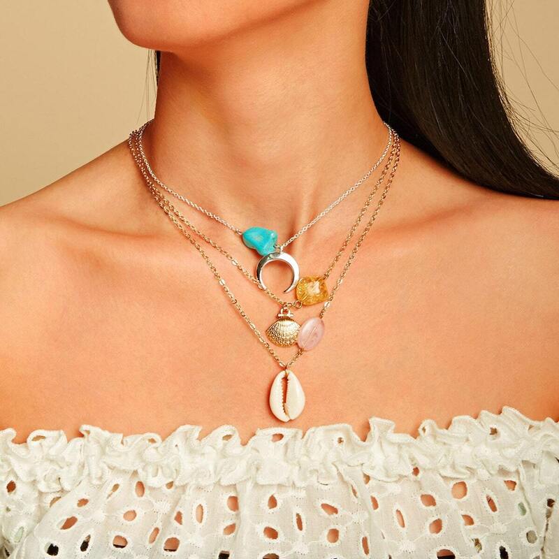 

Shell & Moon Detail Pendant Necklace 3pcs, Silver