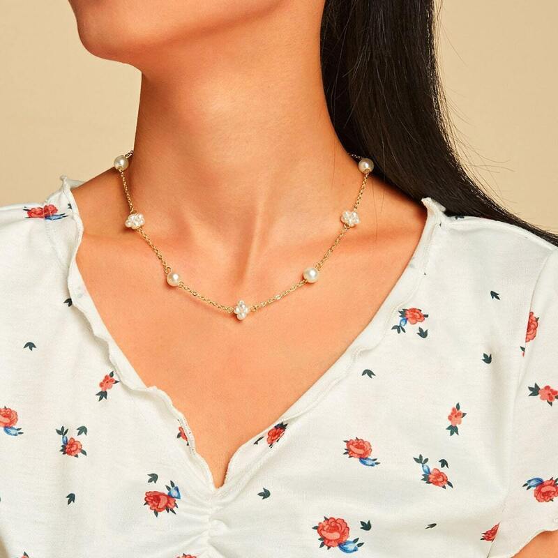 

Faux Pearl Decor Chain Necklace 1pc, Gold