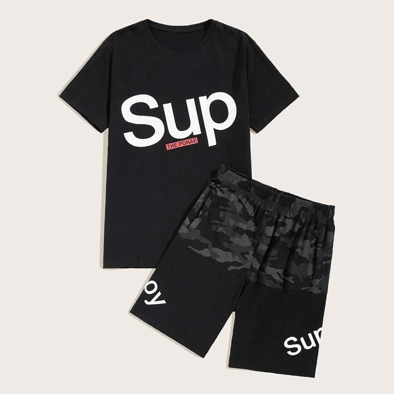 

Guys Letter Print Tee & Contrast Camo Track Shorts, Black