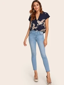 SHEIN V-cut Neck Red-crowned Crane Print High-low Hem Top - Navy Blue - View 4